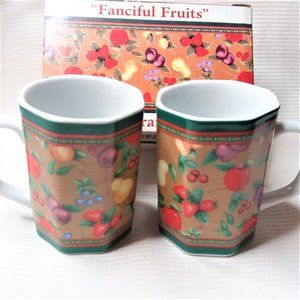 2 NEW Mugs Fanciful Fruits Pair Ceramic Coffee Cups Cocoa Tea Gift Box Set